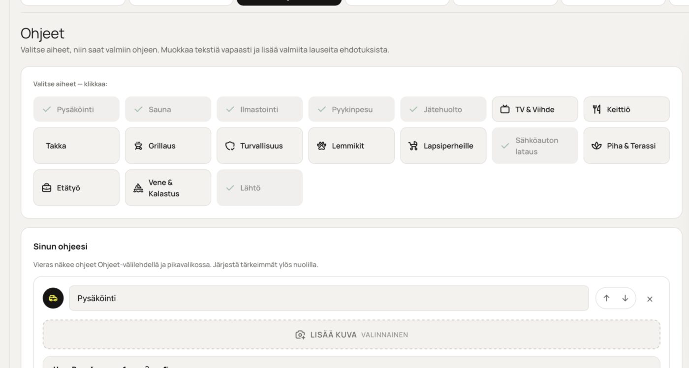 Valmiit aiheet: sauna, WiFi, pysäköinti
